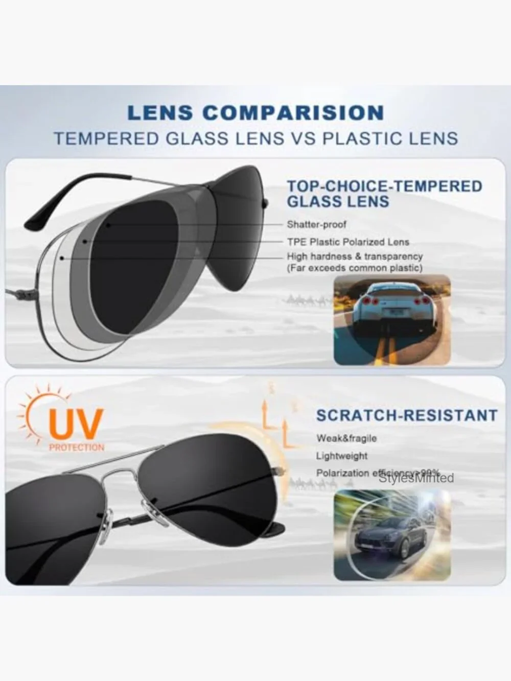 Aviator Sunglasses Polarized Tempered Glass UV400 Protection Men Women